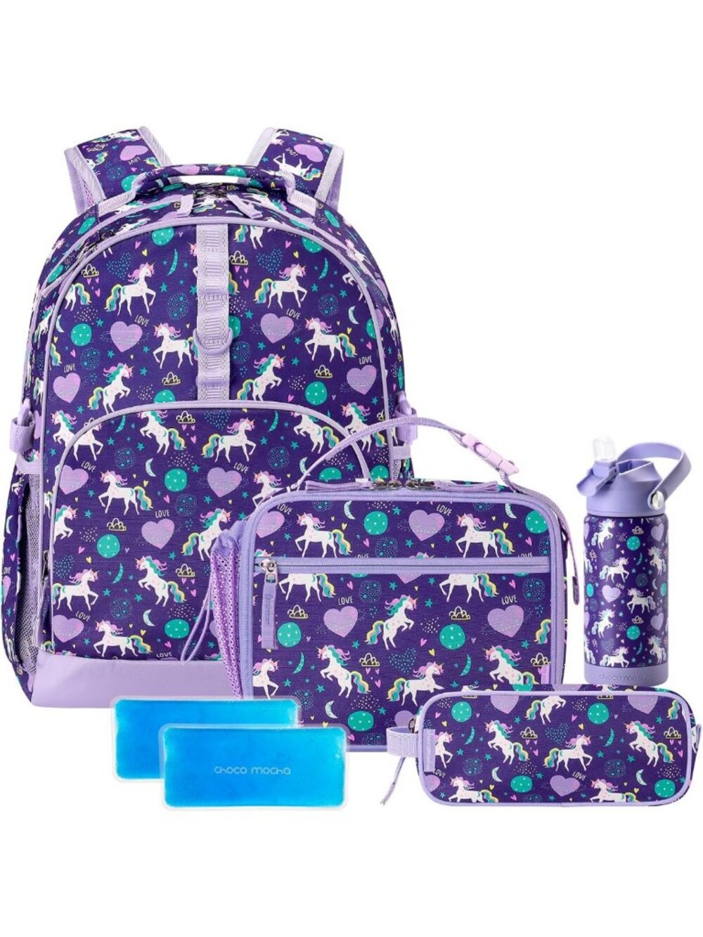 Unicorn Backpack Set for Kids - Girls Bookbag with Lunch Box & Water Bottle, 17